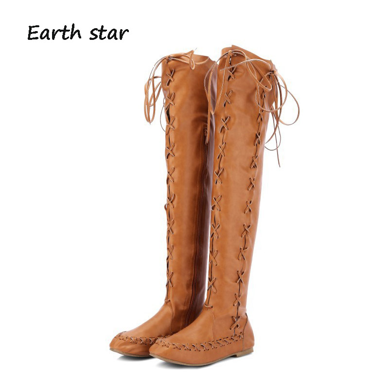 

EARTH STAR New Brand Shoes Women Boots Fringe Knee High Boots Tassel Casual chaussure Ladies Flats Cross-tied Autumn Shoes, Black