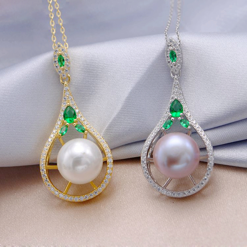 

MeiBaPJ Real Big Freshwater Natural Pearl Warter Drop Pendant Necklace 925 Sterling Silver Green Stone Fine Party Jewelry