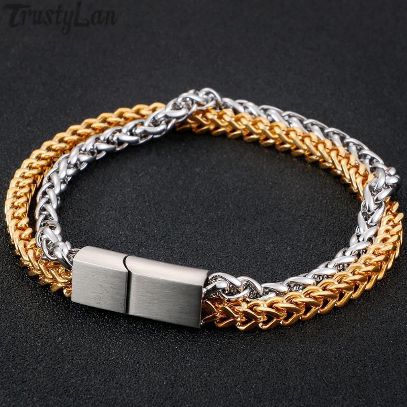 

Double Chain Link Men Bracelet Male Gold Black S.Steel Mens Bracelets 2020 Friendship Stainless Steel Hand Jewelry Accessories