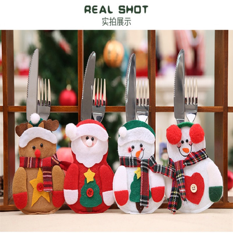

Xmas Decor Snowman Elk Kitchen Tableware Holder Pocket Dinner Cutlery Bag Party Christmas Table Decoration Cutlery Sets