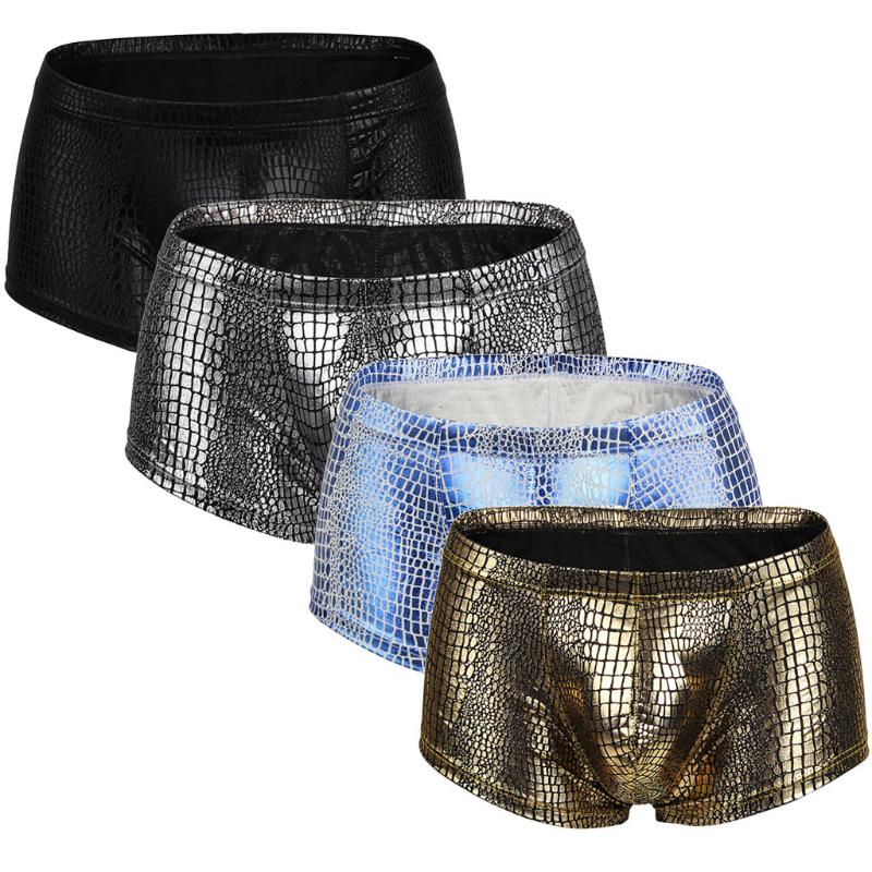 

men underwear Imitation Leather Low-waist Polyester Serpentine U-shaped Men's Boxer Male Underpant ropa interior hombre 2020 NEW, Black
