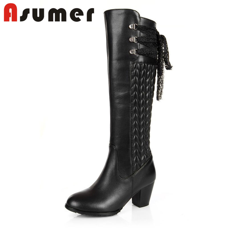 

ASUMER 2020 popular ankle strap solid knee high boots pointed toe thick heels women boots high quality pu+genuine leather, Black