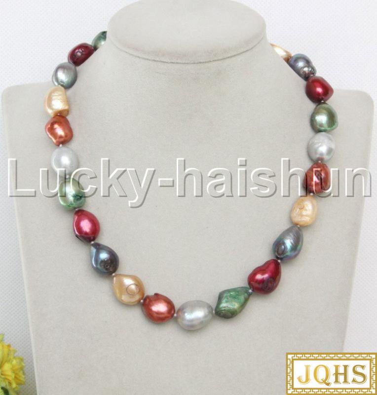 

JQHS 17" 16mm baroque Multicolor green gray wine red potato pearls necklace 18KGP clasp j13103