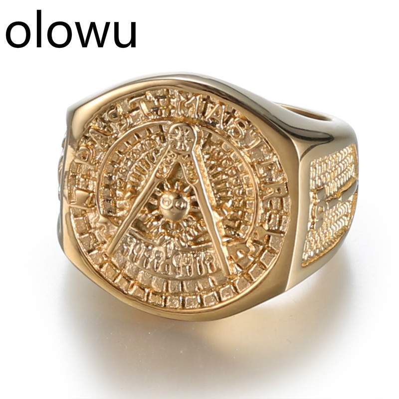 

olowu Hot Sale Etherial Handmade Men Masonic Rings Stainless Steel Gold Color Rings For Mens New Classic Hip Hop Freemasons Ring