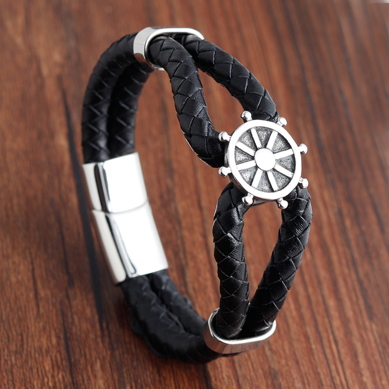 

Handmade Retro Rudder Leather Bracelet Vintage Braided Bracelet Magnetic Clasp Bangle Male Accessories Hand Jewelry