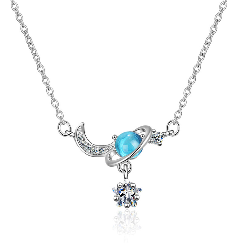 

Luxury Female Blue Moonstone Pendant Necklace Charm Silver Color Chain Necklaces For Women Trendy Star Moon Wedding Necklace