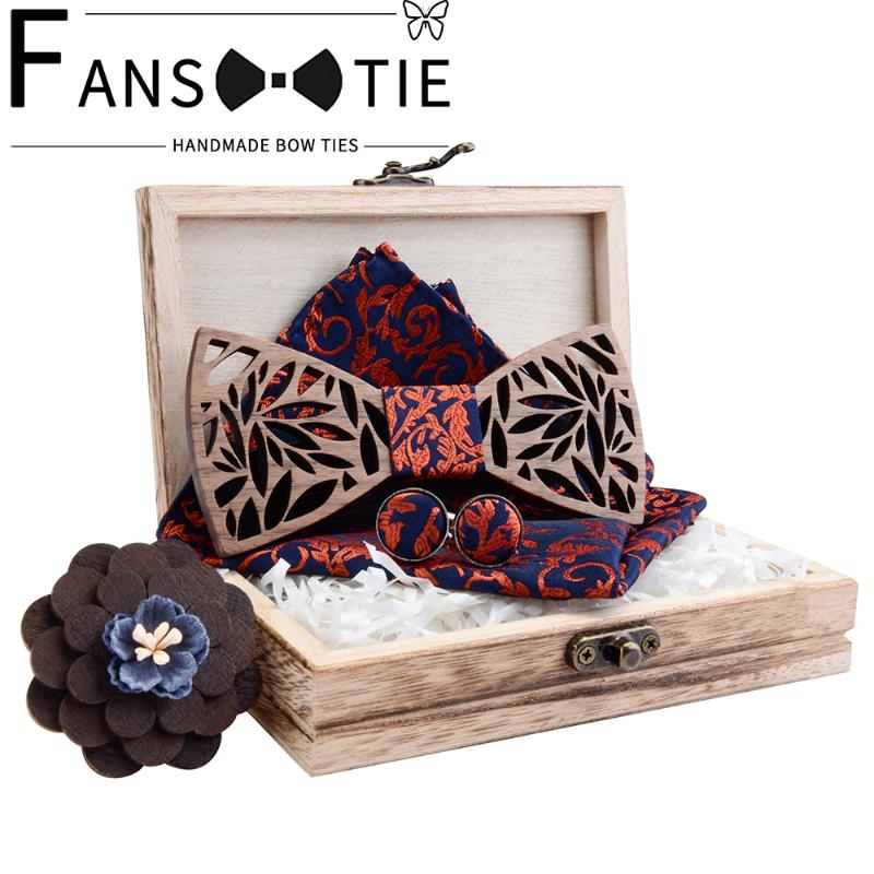 

Floral Hollow Wooden Bow Tie For Men Wood Bowtie Silk Pocket Square Cuff Brooch Set Handmade Neck TIes Suit Wedding With Box