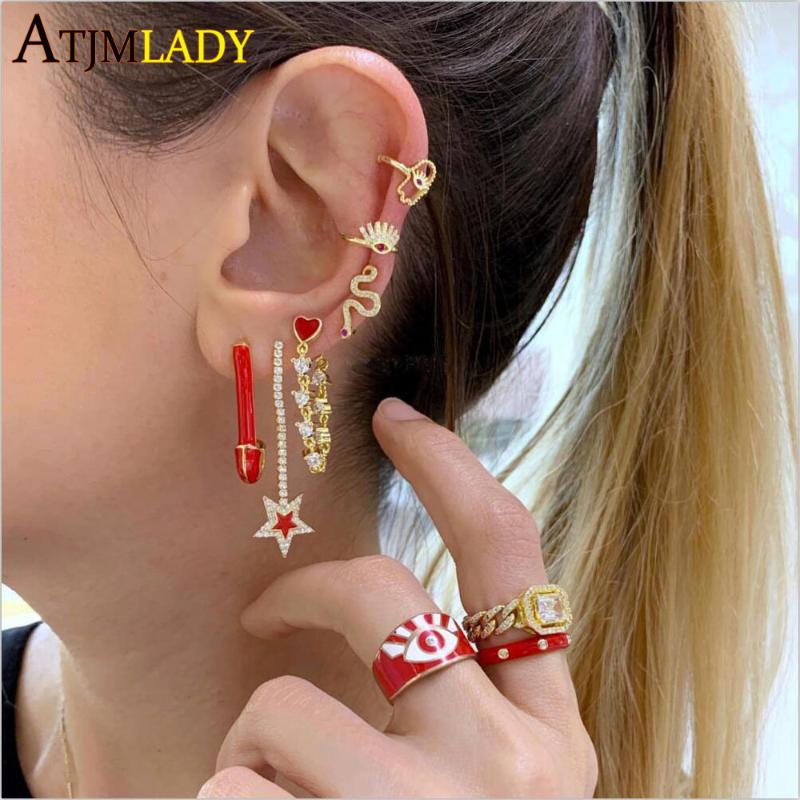 

lover girlfriend gift Romantic cz link chain Red heart long chain earring Enamel safety pin earring luxury gorgeous girl jewelry