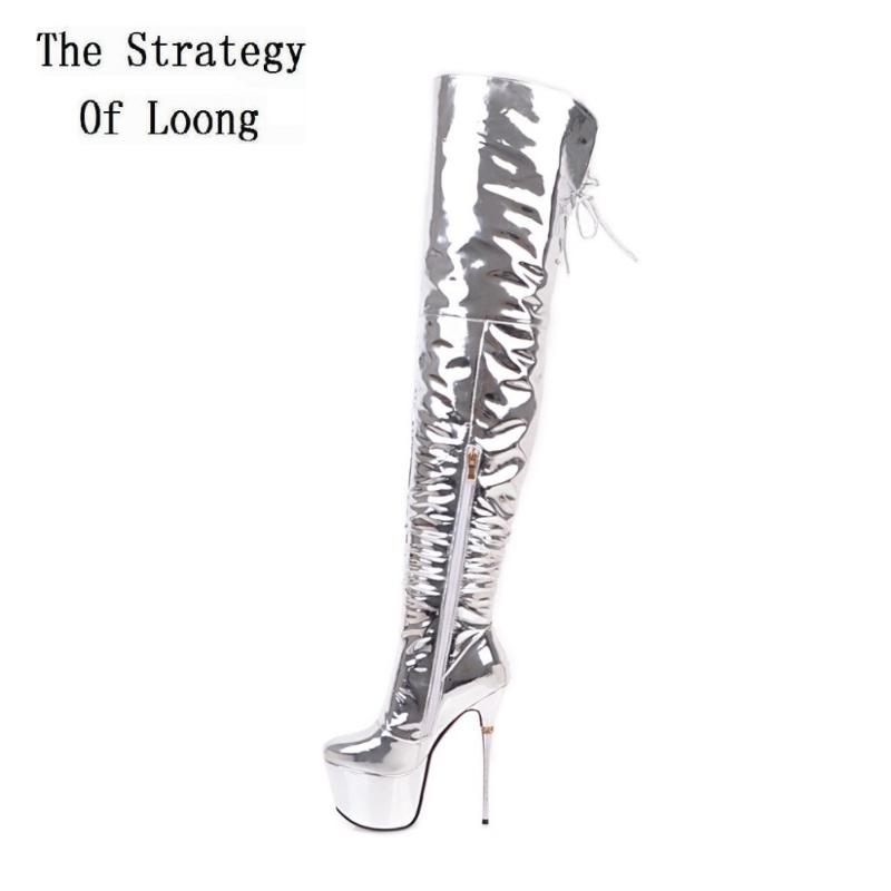 

Women Over The Knee Supper High Heels Winter Long Boots Lady Thigh High Thin Heels Cross Tied Big Size Bright Boots 20200714, Silver