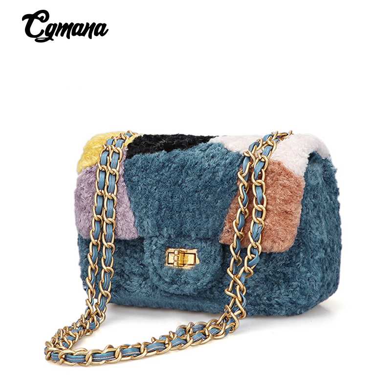 

Fur Bags For Women 2020 Lambswool Plush Handbags and Purses Woolen Crossbody Bag Fashion Chain Messenger Flap Bags Female Clutch, Black