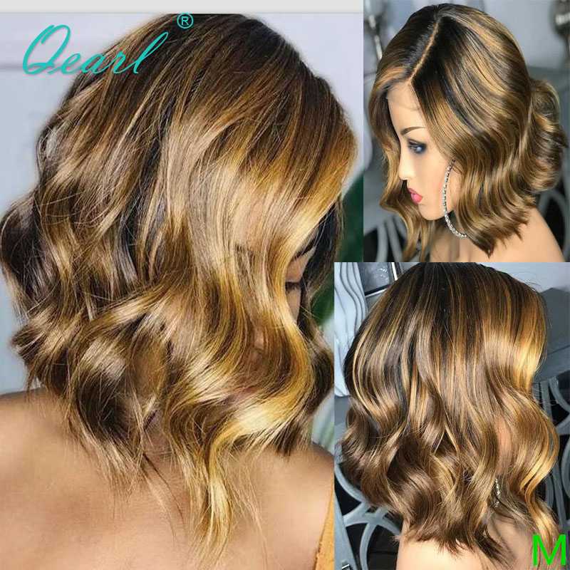 

Short Bob Human Hair Lace Front Wig Ombre Blonde Brown Highlights Side Part 13x4/13x6 Brazilian Wavy Remy Hair Wigs 150% Qearl, 13x4 lace front wig