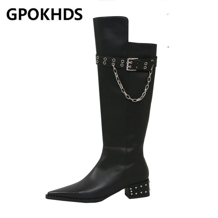 

GPOKHDS 2021 women knee-high cow leather winter zippers chain short plush pointed toe high heels boots female Western boots, Black