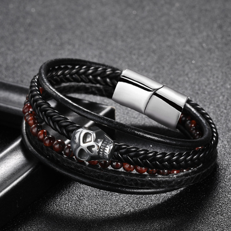 

Classic Black New Fashion 5 Layers Stainless Steel Skull Bracelet Men and Women Leather Woven Bracelet Punk Bangle Jewelry