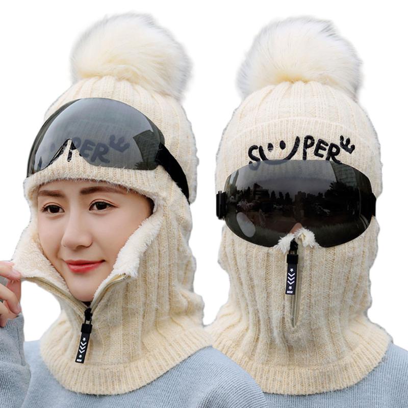 

Hat 3 in1 Women's Winter Cap Thick Bib Mask Ear Protector Cap Riding Hat Acrylic Knitted Warm Hats 55-59cm Winter Hats for Women, Beige