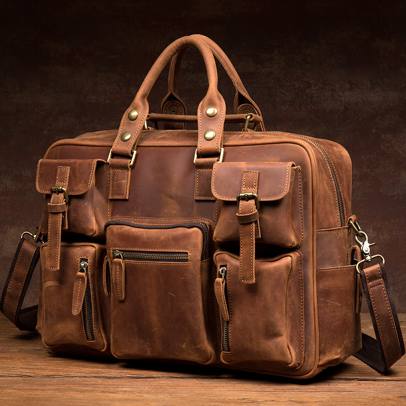

Vintage Men's Genuine Leather Briefcase Full Grain Leather Business Handbag Cow Laptop Portfolio Shoulder Messenger Bag, Brown