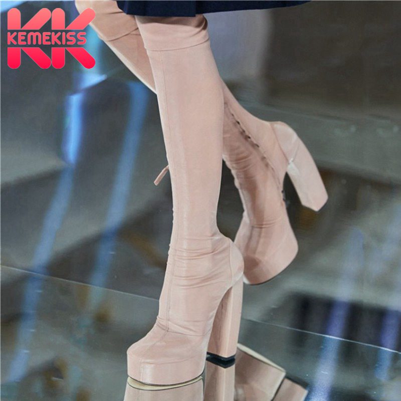

KemeKiss New Fashion Over The Knee Boots Round Toe Platform Chunky Heel Zipper Outdoor Party Shoes Ladies Footwear Size 35-44, Ivory