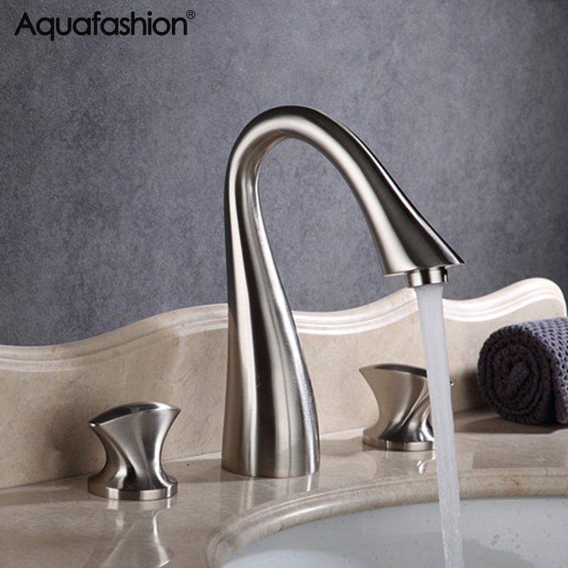 

Free Shipping Bathroom Sink Faucet 3 PCS Deck Mounted Hot and Cold Water Brushed Nickel Basin Faucet Set