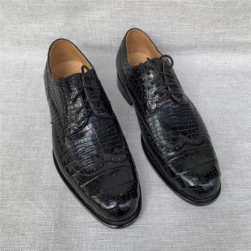 

British Style Authentic Crocodile Belly Skin Men's Casual Dress Shoes Genuine Alligator Leather Male Lace-up Brock Oxford Shoes, Black