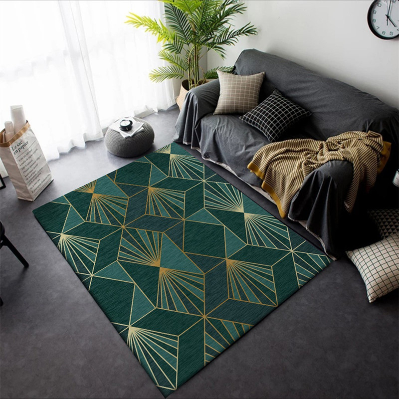 

Dark Green Golden Geometric Printed Carpet European Style Soft Carpets For Living Room Anti-slip Rug Floor Mat Home Decor, As pic