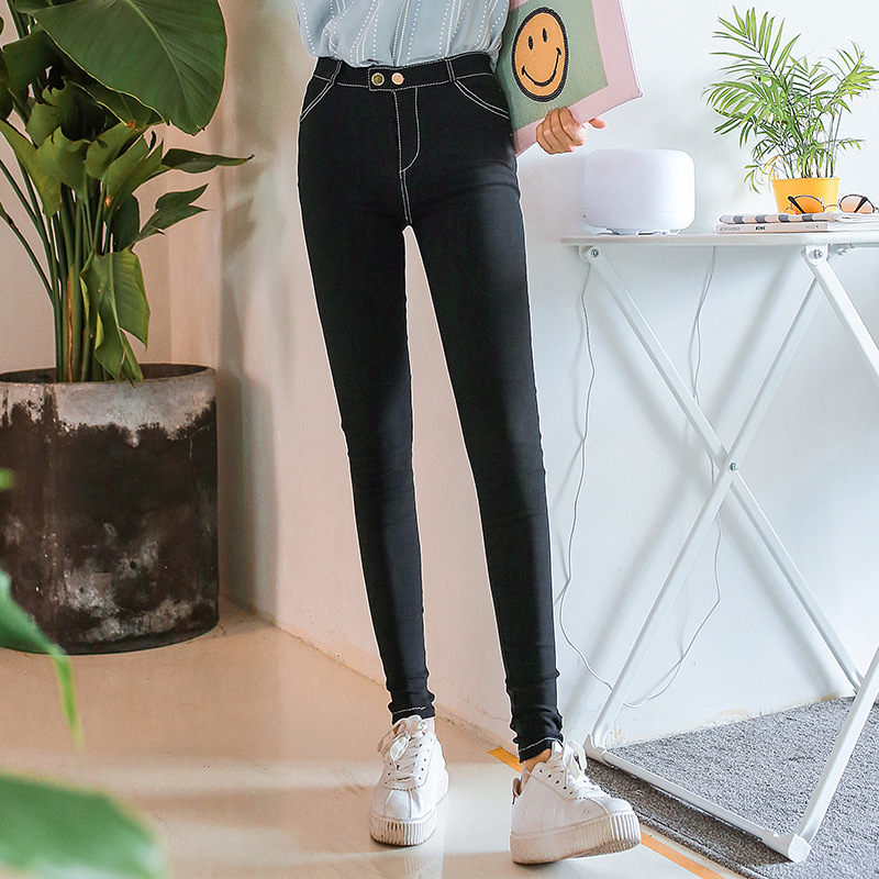 

Wholesale 2020 Stretch pencil pants high waist imitation jeans Korean new outer wear leggings teenagers women' feet pants girls, Black