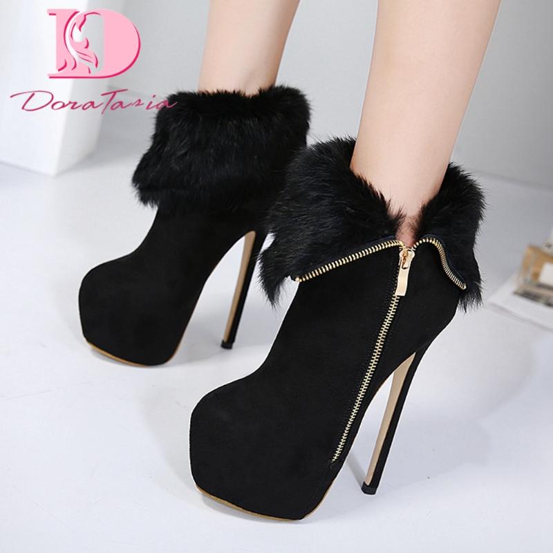 

DoraTasia Brand New INS Hot Lady Thin High Heels Ankle Boots Fashion Faux Fur Platform Boots Women Autumn Party Sexy Woman Shoes, Black