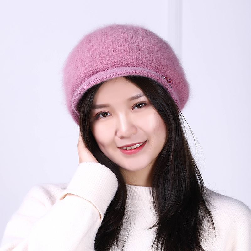 

Winter Hat Women Beret Angora Knit Warm Beanie Visor Soft Double Autumn Layers Thermal Ski Snow Outdoor Accessory Female, Black