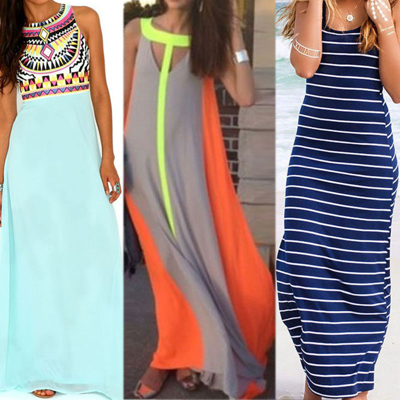 

Women Bohemian Sundress Sleeveless Maxi Long Tank Dress Floral Printed Casual Party Tanks Striped Vestido, C008 orange m