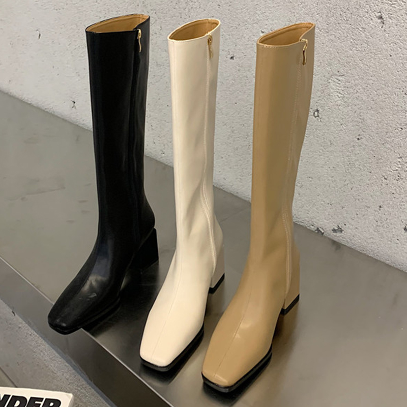 

2020 Winter Trending Women Square Toe Riding Boots Leather Medium Heels Khaki Boots Zippers Knee High Lady Valentine Shoes, Black