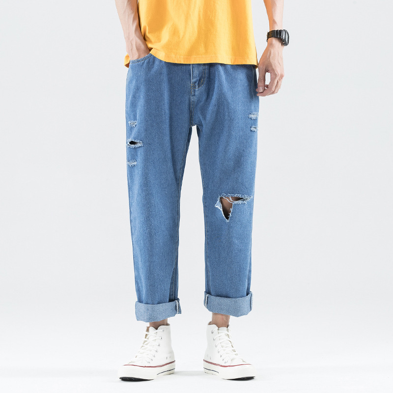 

Chun xia men jeans han edition straight hole jeans men's loose wide-legged leisure nine minutes of pants, See chart