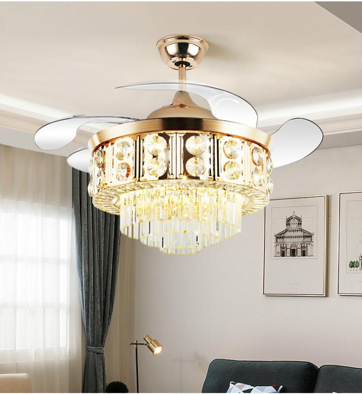 

LED Crystal Ceiling Fan Light European Invisible Bedroom Dining Room Ceiling Fan Light Modern Household with