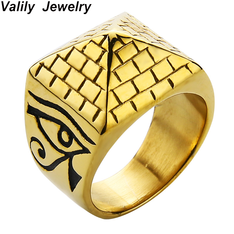 

EdgLifU Men Gold Ring Horus Eyes Anubis Pattern Triangle Pyramid Ring Simple Stainless Steel Jewelry For Men Drop Shipping