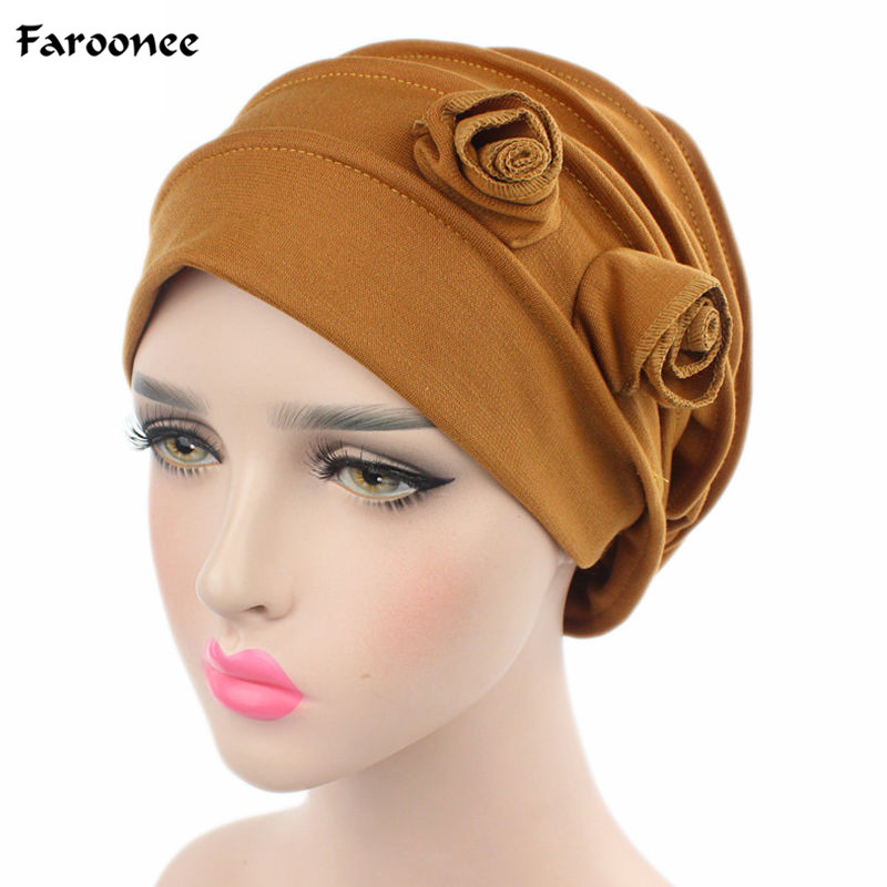 

Faroonee 3D Flowers Full Cover Inner Muslim Cap Islamic Head Wrap Knitted Solid Hat Skullies Beanies Caps Women Hats, White