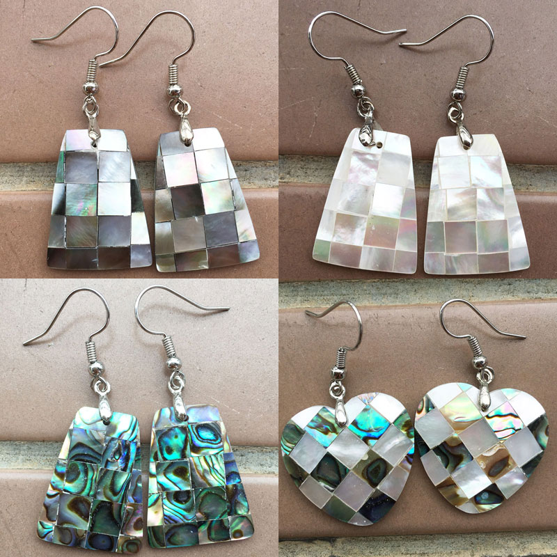 

Free shipping Fashion Jewelry Black Mother of pearl & New Zealand Abalone Shell Heart Trapezoid Art Dangle Earring WB797