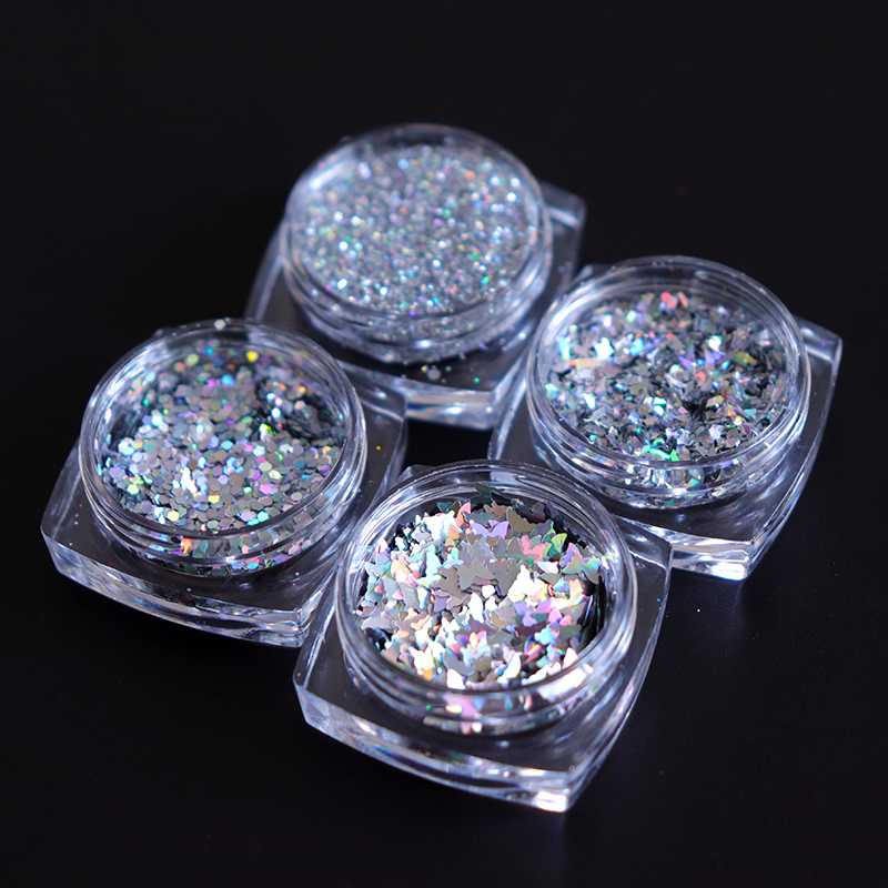 

4 Box/Set Holographic Nail Art Glitter Laser Silver Pigment Powder Flakes DIY Nail Art Decorations Gel Polish Manicure Pigment