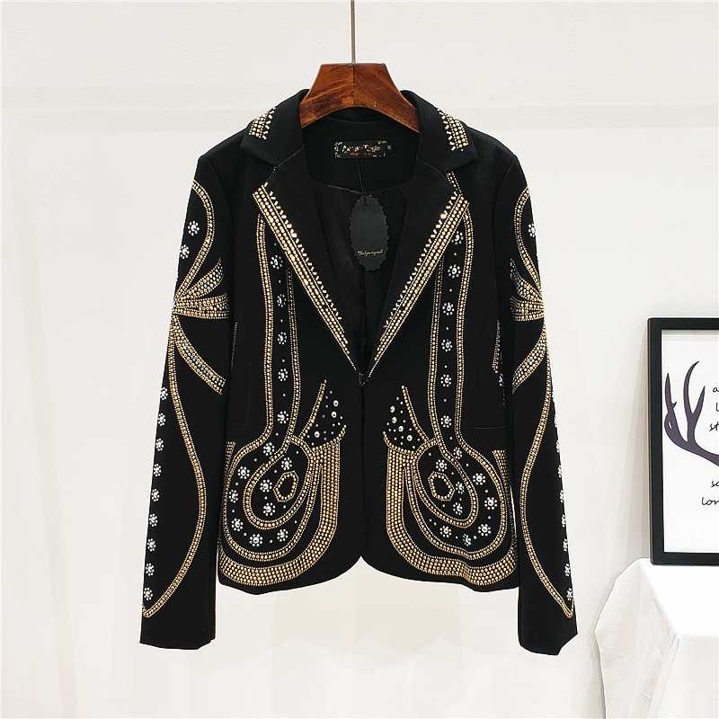 

2020 Spring Autumn New Hrarjuku Rivet Hot Drilling Coat Industrial Suit Suit Cropped Jacket Tops Women' Long Sleeve Coats Mujer, Black