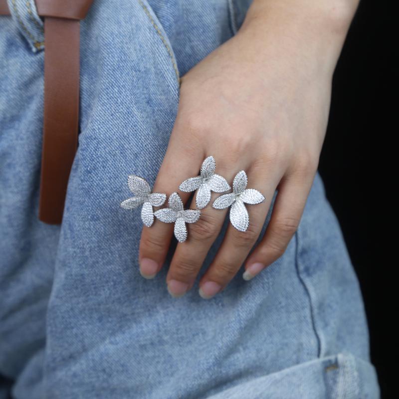 

New arrived luxury open band flower ring with micro pave cz flower leaf shape finger ring for women wedding luxury jewelry gift