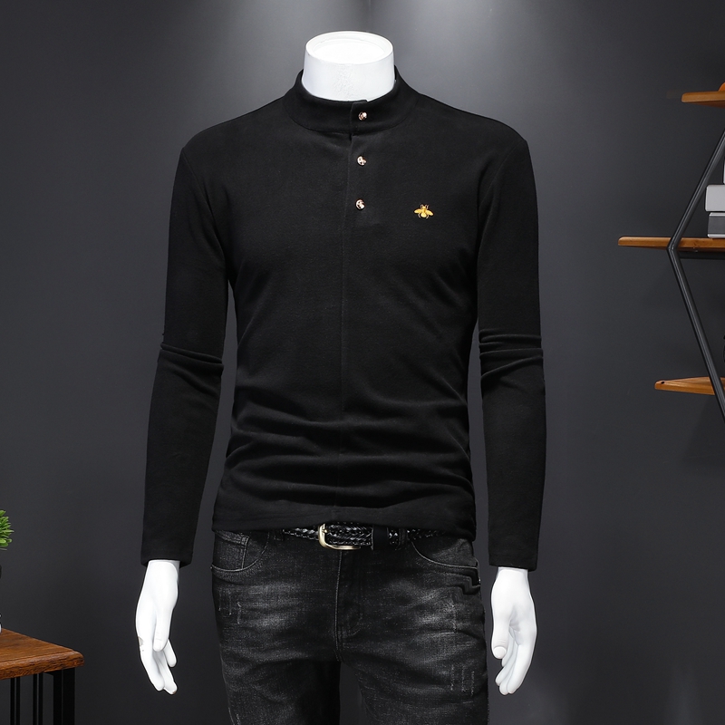 

Warm men's tops bee embroidery long-sleeved T-shirts autumn and winter slim-fit buttons thin sections plus velvet and thickening bottoming shirts, Black