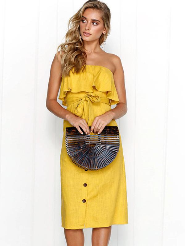 

Summer hot style women' sexy open back wrapped chest one shoulder button belt ruffle dress solid color mid-waist slim sleeveles, Black