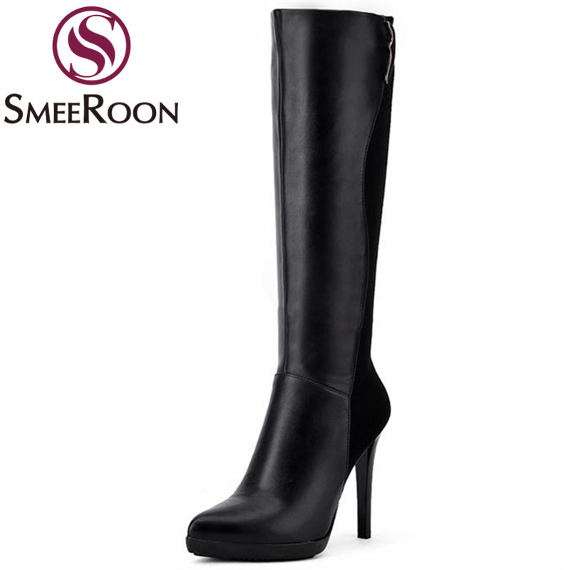 

Smeeroon knee high boots for women pointed toe keep warm comfortable winter boots sexy high heels pu+flock women's shoes, Black
