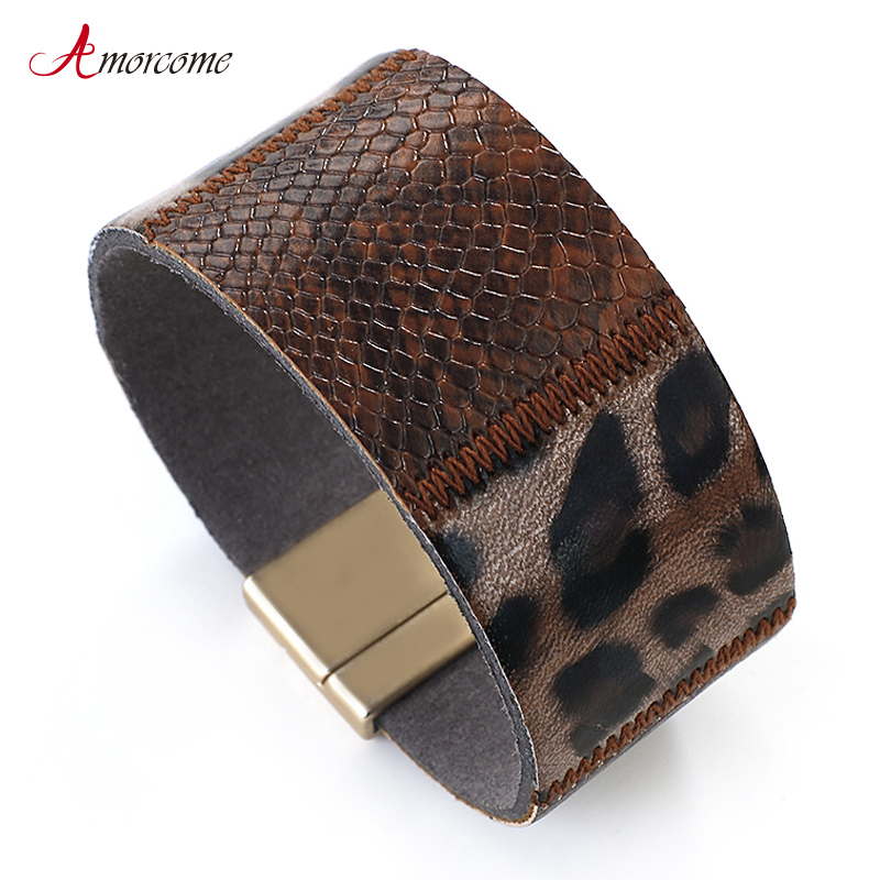 

Amorcome Leopard Genuine Leather Bracelets For Women Fashion Snakeskin Print Wrap Boho Female Bracelets & Bangles Party Jewelry