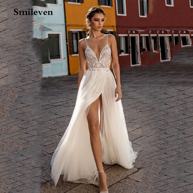 

Smileven Beach Wedding Dress Boho vestido de noiva Bohemian Side Split Lace Bridal Dress Backless Spaghetti Straps Wedding Gowns, Ivory