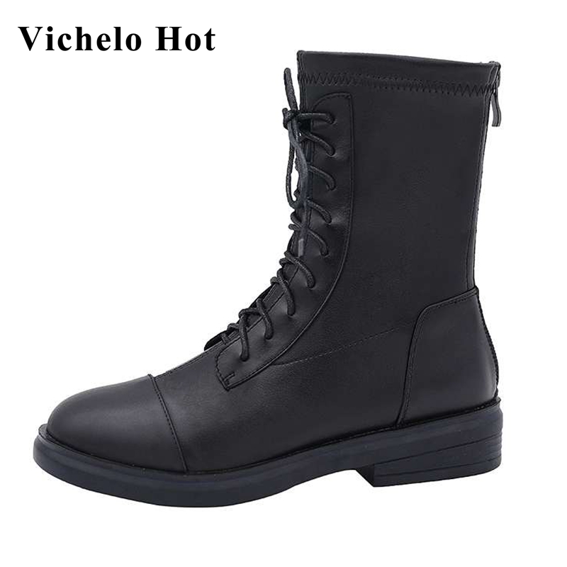 

Vichelo Hot gladiator fashion vintage style winter shoes women big size real leather round toe med heel new mid-calf boots L5f1, Black