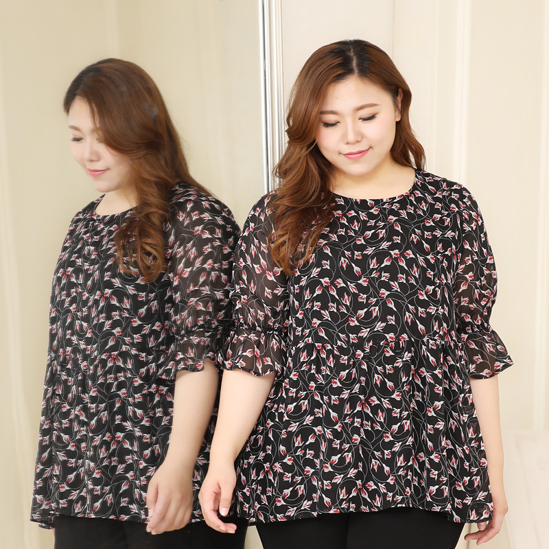 

Plus Size 10XL 9XL 8XL- Floral Print Women Chiffon Blouse Half Sleeves O-neck Casual Tops For Women Tunic Blusas Shirt, Black