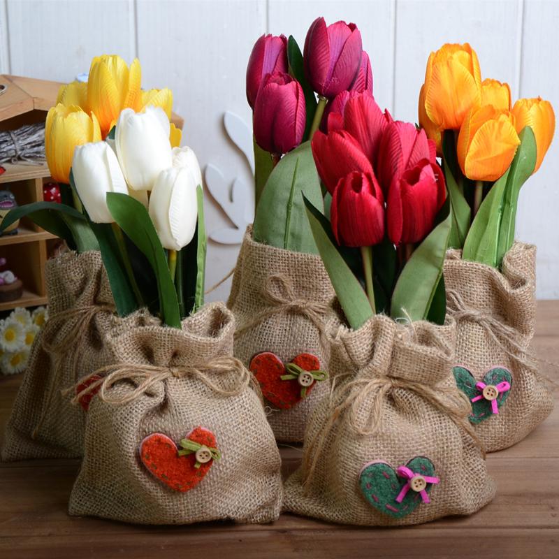 

Simulation 5 Heads Tulip Flower Potted Real Touch Artificial Silk Flowers with Gunny Bag for Wedding Party Home Decoration Apr1, Bundle of 5 heads