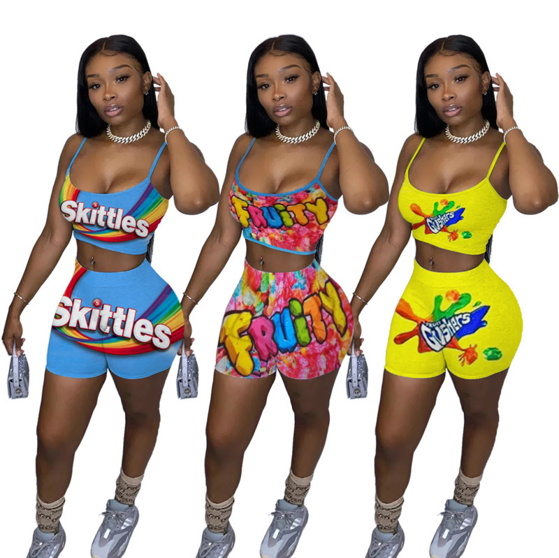 

Women Tracksuits Two Pieces Set Fashion Casual Printed Camisole Top Sleeveless Short Pants 3 Colours Ladies Outfits 2020, Blue