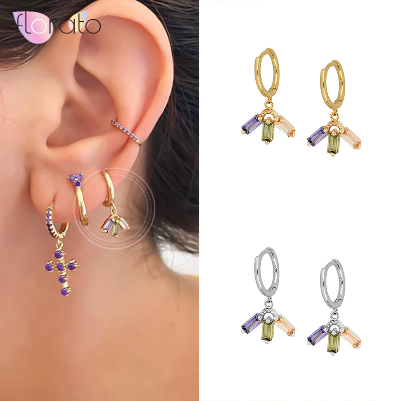 

2020 Three Zircon Purple/Green/Yellow Pendant Earrings for Women 925 Sterling Silver Miriam Gold Earrings Small Hoop