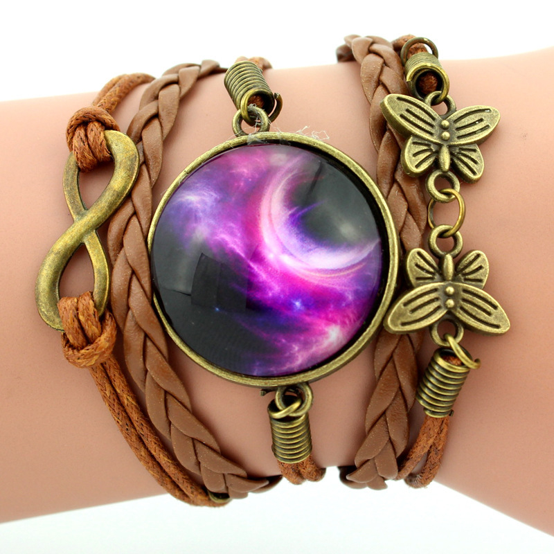 

Handmade Natural Nebula Galaxy Space Glass Cabochon Braided Leather Bracelets Punk Jewelry Gift Men Women