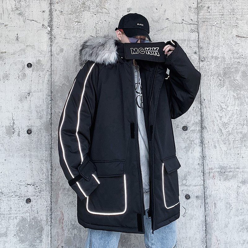 

Winter Hip Hop Long Fur Jacket Men Streetwear Harajuku Track Smiling Face Jacket Japan Style Cotton Coat Casual 2020, Black