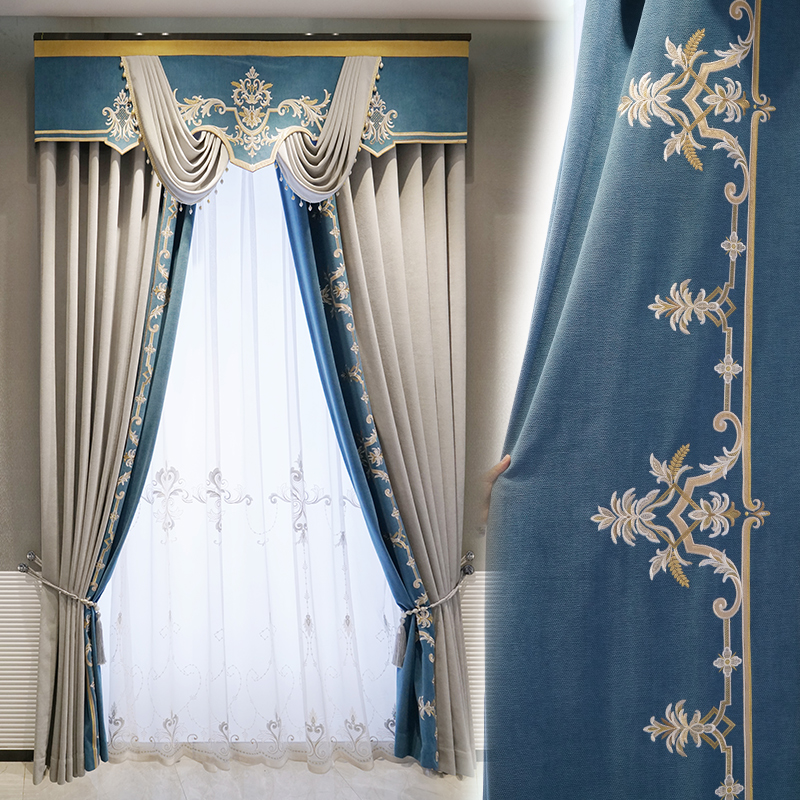 

Custom curtain Chenille embroidery luxury simple European shading beige thick cloth blackout curtain valance tulle panel C200