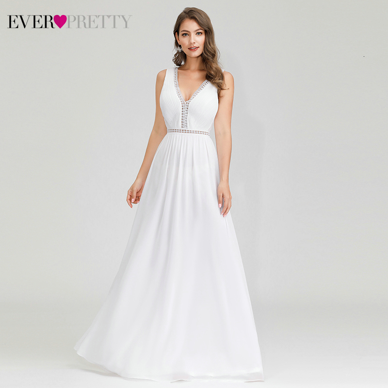 

Sexy Hollow Out Wedding Dresses Ever Pretty EP00899WH A-Line Double V-Neck Sleeveless Ruched Formal Wedding Gowns For Bride 2020, White